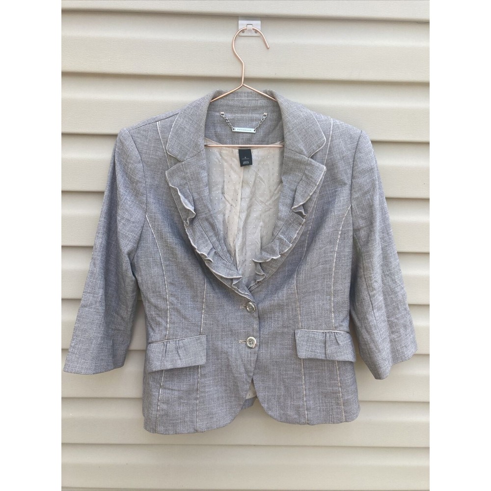 WHBM Women's Tan Single Breasted Blazer Ruffled 3/4 sleeve Jacket Lapel Size 6